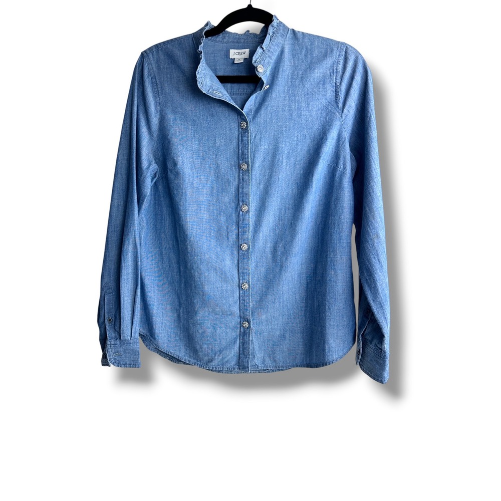 J.Crew Chambray Shirt Womens S Blue Ruffle Neck Rhinestone Button Re-Imagined